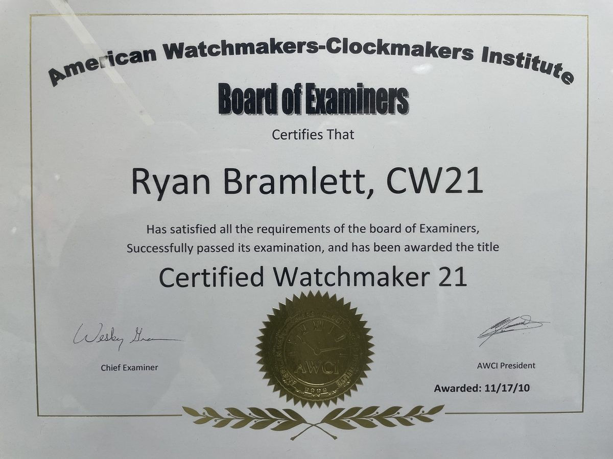 AWCI Board of Examiners certificate awarding Ryan Bramlett the title Certified Watchmaker 21