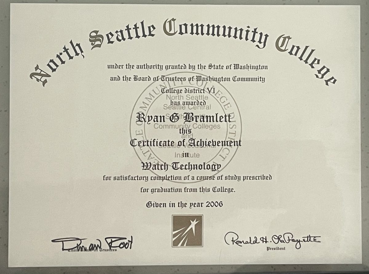 North Seattle Community College Certificate of Achievement in Watch Technology for Ryan G. Bramlett