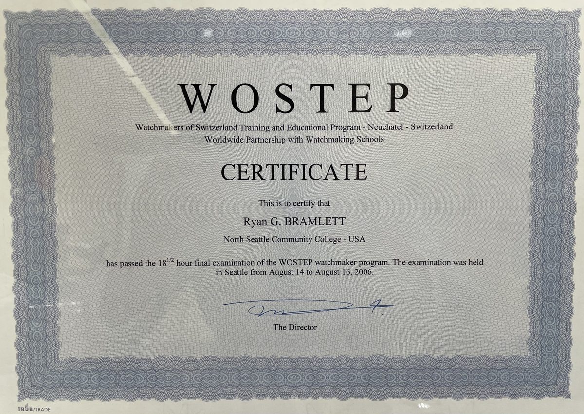 WOSTEP certificate for Ryan G. Bramlett, Watchmakers of Switzerland Training and Educational Program